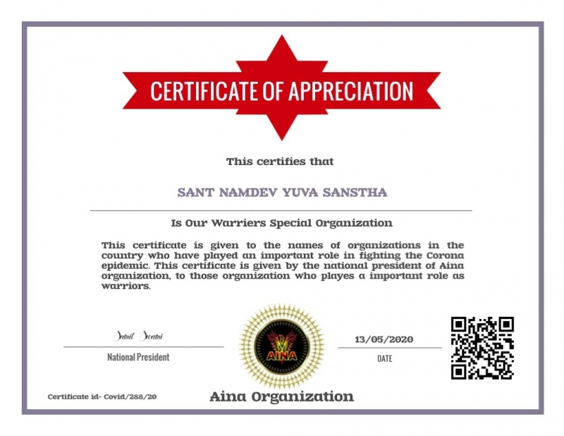 Certificate of  Appreciation from Aina  organizacion 